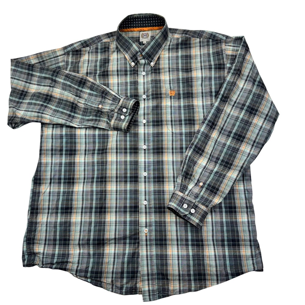 Cinch Mens XL Long Sleeve Plaid Western Button Down Shirt Black Teal Orange